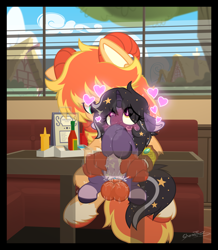 Size: 1500x1720 | Tagged: explicit, artist:sherathoz, oc, oc:evanti, oc:rivibaes, abdominal bulge, age difference, balls, blushing, clitoris, clothes, commission, cum, cumming, exhibitionism, father and child, father and daughter, female, filly, floating heart, foal, foalcon, from behind, hands free, heart, hybrid, imported from derpibooru, incest, looking up, male, nudity, oc only, oc x oc, orgasm, penetration, pony, ponyville, public sex, see-through, sex, shipping, simultaneous orgasm, sitting, size difference, stallion, stallion on filly, straight, vaginal, vaginal orgasm, vaginal secretions, vulva