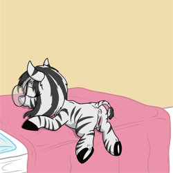 Size: 3000x3000 | Tagged: explicit, artist:thebathwaterhero, oc, oc:ivana, alternate version, anus, bed, butt, clitoris, female, filly, foal, foalcon, glasses, imported from derpibooru, multiple variants, nudity, on bed, plot, sleeping, solo, solo female, vulva, zebra, zebra oc