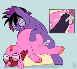 Size: 2582x2298 | Tagged: explicit, artist:ponykittenboi, oc, oc:midnight coda, oc:rose petal, belly, big belly, big penis, blushing, commission, creampie, cum, cum belly, cum inflation, foalcon, glasses, high res, imported from derpibooru, inflation, nudity, oc only, penis, pony, simple background, tongue out, unicorn, vaginal creampie
