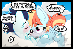 Size: 2000x1333 | Tagged: explicit, artist:sherathoz, age difference, bedroom eyes, blowjob, blushing, cloud, colt, colt on mare, commission, dialogue, drool, erection, eyes closed, female, foal, foalcon, g4, glazed dick, horsecock, imported from derpibooru, looking at someone, lying down, lying on a cloud, male, mare, nudity, older female, on a cloud, on back, oral, outdoor sex, outdoors, part of a set, pegasus, penis, pony, sex, soarin', speech bubble, straight, straight shota, tongue out, windy whistles, younger, younger male