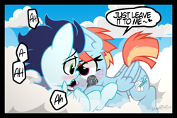 Size: 2000x1333 | Tagged: explicit, artist:sherathoz, age difference, bedroom eyes, blushing, cloud, colt, colt on mare, commission, dialogue, erection, eye contact, female, foal, foalcon, g4, glazed dick, horsecock, imported from derpibooru, licking, licking cock, looking at each other, looking at someone, lying down, lying on a cloud, male, mare, nudity, older female, on a cloud, on back, oral, outdoor sex, outdoors, part of a set, pegasus, penis, pony, sex, soarin', speech bubble, straight, straight shota, tongue out, windy whistles, younger, younger male