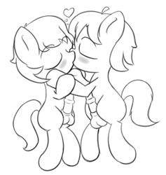 Size: 900x948 | Tagged: explicit, artist:darkwarks, oc, oc:buttercream, oc:nightly veil, balls, blushing, colt, colt on colt, earth pony, eyes closed, floating heart, foal, foalcon, gay, heart, imported from derpibooru, kiss on the lips, kissing, lineart, looking pleasured, male, monochrome, nudity, oc only, penis, pony, reverse foalcon, simple background, white background