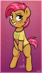 Size: 1088x1859 | Tagged: explicit, artist:heretichesh, babs seed, blushing, bottomless, clothes, covering, covering crotch, female, filly, foal, foalcon, g4, gradient background, imported from derpibooru, partial nudity, pony, rearing, shirt, smug, solo, solo female, vaginal secretions