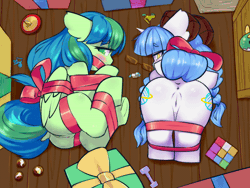 Size: 800x602 | Tagged: explicit, artist:ninebuttom, oc, oc:airuisi, oc:xiaoyi, animated, anus, blushing, bondage, bound and gagged, butt, dock, duo, female, filly, foal, foalcon, gag, gif, gift wrapped, glasses, helpless, human anus on pony, human vulva on pony, imported from derpibooru, looking at you, nudity, oc only, on floor, pegasus, plot, pony, present, presenting, ribbon, ribbon bondage, ribbon gag, rubik's cube, simplistic anus, tail, toy, unicorn, vulva