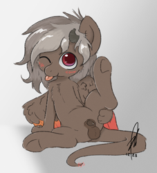 Size: 3637x4000 | Tagged: explicit, artist:hopefulsparks, oc, oc:asher streak, balls, blushing, butt, casual exposure, casual nudity, colored wings, colt, flaccid, foal, foalcon, horns, horsecock, hybrid, hybrid oc, imported from derpibooru, male, mlem, nudity, oc only, penis, plot, pony, prehensile tail, sheath, sheathed, signature, silly, solo, solo male, tail, tongue out, wings, young