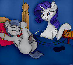 Size: 4500x4000 | Tagged: explicit, grimdark, artist:sassysvczka, rarity, bdsm, bed, bedroom, blindfold, bondage, butt, butt fluff, cbt, cheek fluff, chest fluff, colt, commission, duo, ear fluff, electricity, electrodes, electrostim, evil, evil rarity, evil smile, eyes closed, female, fetish, foal, foalcon, g4, grin, imported from derpibooru, knee fluff, male, mare, nudity, pain, pegasus, penis, pillow, pissing, plot, pony, rumble, shiny mane, simple background, smiling, smirk, table, this will end in pain, this will end in tears, tied up, torture, unicorn, urine, watersports