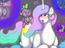 Size: 1920x1421 | Tagged: explicit, artist:index3, princess celestia, princess luna, spike, twilight sparkle, alicorn, anal fisting, anatomically correct, anus, blushing, dock, female, fisting, foal, foalcon, g4, imported from derpibooru, interspecies, looking back, magic, male, nudity, pony, reverse foalcon, sex, ship:spikelestia, shipping, straight, tail, tongue out, unicorn, vulva