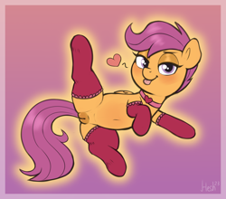 Size: 2184x1923 | Tagged: explicit, artist:heretichesh, scootaloo, belly, belly button, blushing, butt, choker, clothes, collar, female, filly, foal, foalcon, g4, gradient background, imported from derpibooru, inviting, legwear, mlem, nudity, pegasus, plot, pony, presenting, raised leg, silly, solo, solo female, stockings, thigh highs, tongue out, vulva