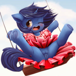 Size: 1076x1080 | Tagged: explicit, artist:darkstylerz, oc, oc:starlight blossom, anatomically correct, butt, clothes, commission, crotchboobs, cute, cute porn, dress, female, foalcon, frog (hoof), hooves, imported from derpibooru, mare, nipples, nudity, oc only, plot, pony, skirt, solo, solo female, swing, swinging, teats, underhoof, upskirt, vulva, ych result