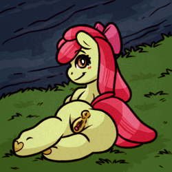 Size: 2000x2000 | Tagged: explicit, artist:faerienougat, apple bloom, alternate version, anus, bloom butt, blushing, butt, clitoris, earth pony, female, filly, foal, foalcon, g4, high res, imported from derpibooru, looking at you, looking back, looking back at you, nudity, ponut, pony, rear view, solo, solo female, underhoof, vulva, vulvar winking