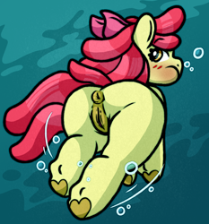 Size: 1782x1914 | Tagged: explicit, artist:faerienougat, apple bloom, alternate version, anus, bloom butt, butt, earth pony, female, filly, foal, foalcon, g4, holding breath, imported from derpibooru, nudity, ponut, pony, rear view, solo, solo female, swimming, underhoof, underwater, vulva, water
