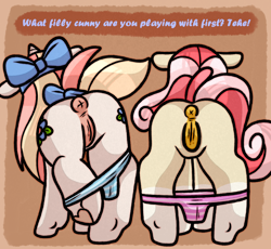 Size: 1895x1746 | Tagged: explicit, artist:faerienougat, oc, oc:fleur souhait, oc:periwinkle blossom, butt, clothes, duo, duo female, earth pony, female, females only, filly, foal, foalcon, imported from derpibooru, nudity, oc only, panties, panties around legs, panties pulled down, partially undressed, plot, plot pair, pony, presenting, rear view, striped underwear, underwear, unicorn, vulva