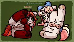 Size: 2000x1146 | Tagged: explicit, artist:faerienougat, oc, oc:periwinkle blossom, anus, bow, butt, clothes, duo, duo female, earth pony, female, females only, filly, foal, foalcon, hair bow, imported from derpibooru, legwear, looking at each other, looking at someone, nudity, oc only, plot, ponut, pony, rear view, socks, spread legs, spreading, stockings, thigh highs, underhoof, unicorn, vulva