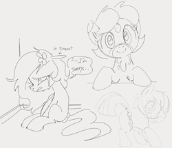 Size: 1224x1054 | Tagged: explicit, artist:dotkwa, oc, oc:deary dots, oc:kayla, anatomically correct, anus, butt, crying, dock, earth pony, female, females only, filly, flower, flower in hair, foal, foalcon, gray background, grayscale, imported from derpibooru, looking at you, looking back, looking back at you, monochrome, nudity, plot, ponut, pony, presenting, sad, simple background, sitting, smiling, smiling at you, speech bubble, tail, time out, trio, trio female, vulva