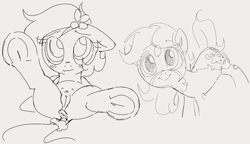 Size: 1218x704 | Tagged: explicit, artist:dotkwa, oc, oc:deary dots, oc:kayla, anatomically correct, anus, butt, crotchboobs, delicious flat crotch, duo, duo female, earth pony, female, filly, floppy ears, flower, flower in hair, foal, foalcon, frog (hoof), gray background, grayscale, imported from derpibooru, looking at you, lying down, monochrome, nipples, nudity, oc only, on back, plot, ponut, pony, simple background, teats, underhoof, vulva