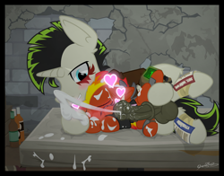 Size: 2000x1565 | Tagged: explicit, artist:sherathoz, oc, oc:tinderbox, age difference, alternate version, commission, cum, cumming, fallout equestria, female, filly, foal, foalcon, heart, imported from derpibooru, lying down, male, oc only, oc x oc, on side, pegasus, pipboy, pony, raider, shipping, size difference, stallion, stallion on filly, straight, unicorn