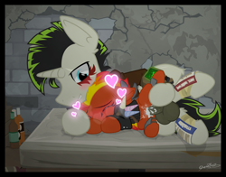 Size: 2000x1565 | Tagged: explicit, artist:sherathoz, oc, oc:tinderbox, age difference, commission, creampie, cum, fallout equestria, female, filly, foal, foalcon, heart, imported from derpibooru, lying down, male, oc name needed, oc only, oc x oc, on side, pegasus, penetration, pipboy, pony, raider, sex, shipping, size difference, stallion, stallion on filly, straight, unicorn, vaginal
