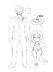 Size: 2620x3578 | Tagged: questionable, artist:abesdrawings, oc, anthro, babydoll, beard, bedroom eyes, blush sticker, blushing, bowtie, canon x oc, clothes, digitigrade anthro, dragon, explicit description, facial hair, flower, foalcon, g4, heart, high heels, high res, holding hands, human, human male, imported from derpibooru, jewelry, legwear, lingerie, looking at you, looking up, male, marriage, monochrome, moustache, nightgown, panties, pants, platform heels, pregder, pregnant, ring, rose, shoes, skindentation, smiling, smolder, socks, sparkles, thigh highs, thigh muffintop, thighs, thunder thighs, tuxedo, underwear, wedding, wedding ring