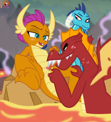 Size: 2450x2710 | Tagged: explicit, artist:succubi samus, alternate version, anal, anal fingering, anus, bedroom eyes, brother, brother and sister, clitoris, commission, cunnilingus, dragon, dragon lands, dragoncest, dragoness, edit, female, fingering, fingering partner, foalcon, freckles, g4, garble, high res, horny, imported from derpibooru, incest, lava, licking, magma, male, nudity, oral, outdoor sex, outdoors, part of a set, penetration, princess ember, sex, ship:smolble, shipping, show accurate, show accurate porn, sibling incest, siblings, sister, sitting, smolder, straight, tongue out, trio, voyeurism, vulva, wall of tags