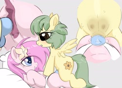 Size: 2583x1863 | Tagged: explicit, artist:mushy, oc, oc:kayla, oc:pea, anatomically correct, anus, belly, blushing, butt, crotchboobs, earth pony, female, filly, filly on filly, foal, foalcon, imported from derpibooru, insertion, lesbian, nipples, nudity, oc only, pegasus, plot, ponut, pony, sex toy, strapon, teats, vaginal insertion, vulva