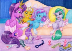 Size: 8362x5897 | Tagged: explicit, artist:arrowwave, absurd resolution, age difference, anatomically correct, anus, bow, butt, clitoris, couch, crotchboobs, dildo, earth pony, female, filly, foal, foalcon, g5, glory (g5), hair bow, imported from derpibooru, insertion, lesbian, lying down, mare, mare on filly, nipples, nudity, on back, peach fizz, pegasus, pipp petals, pippsqueak trio, pippsqueaks, plot, ponut, pony, seashell (g5), sex toy, show accurate, spread legs, spreading, teats, underhoof, unicorn, vaginal insertion, vulva, vulvar winking