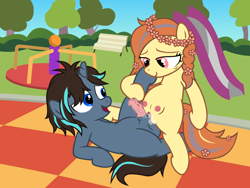 Size: 1280x960 | Tagged: explicit, artist:momoiro-kun, oc, colt, crotchboobs, earth pony, female, filly, filly on colt, foal, foalcon, grinding, hybrid vulva, imported from derpibooru, male, nipples, nudity, oc only, oc x oc, penis, playground, pony, shipping, straight, unicorn, vaginal secretions, vulva