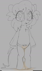 Size: 844x1434 | Tagged: questionable, artist:mushy, oc, oc:pea, accident, accidental wetting, clothes, crotchboobs, earth pony, female, filly, foal, foalcon, gray background, imported from derpibooru, nipples, nudity, oc only, panties, pissing, pony, simple background, solo, solo female, teats, underwear, urine, wet panties, wetting