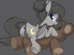 Size: 1811x1358 | Tagged: explicit, artist:mushy, oc, oc:crescent, anatomically correct, anus, bat pony, bat wings, butt, crotchboobs, cute, female, filly, foal, foalcon, hair bun, imported from derpibooru, looking back, looking over shoulder, nipples, nudity, oc only, plot, plushie, ponut, pony, solo, solo female, teats, teddy bear, vulva, wings