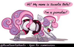 Size: 1423x901 | Tagged: explicit, artist:rosequartzhearts, sweetie belle, butt, clothes, female, filly, fishnet clothing, fishnet stockings, foal, foalcon, g4, garter belt, imported from derpibooru, legwear, lingerie, nudity, plot, pony, socks, solo, solo female, stockings, thigh highs, unicorn, vulva