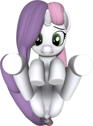 Size: 955x1292 | Tagged: explicit, sweetie belle, 3d, anatomically correct, butt, female, filly, foal, foalcon, g4, green eyes, gritted teeth, horn, imported from derpibooru, legs in air, lying down, nervous, nudity, on back, pink mane, plot, pony, purple mane, second life, simple background, solo, solo female, teeth, transparent background, two toned mane, unicorn, vulva, white coat
