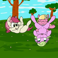 Size: 1000x1000 | Tagged: explicit, artist:thebathwaterhero, clitoris, crotchboobs, cunnilingus, daisy, earth pony, female, filly, filly on filly, flower, flower in hair, foal, foalcon, g4, imported from derpibooru, lesbian, lily valley, masturbation, nipples, nudity, oral, pony, roseluck, sex, trio, voyeurism, vulva