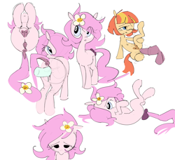 Size: 6272x5712 | Tagged: explicit, artist:php197, oc, oc:aimless, oc:kayla, anatomically correct, anus, butt, crotchboobs, disembodied penis, earth pony, female, filly, flower, flower in hair, flower in tail, foal, foalcon, fucked sideways, imported from derpibooru, looking at you, looking over shoulder, lying down, male, nipples, nudity, oc only, on back, penetration, penis, plot, ponut, pony, presenting, scrunchie, sex, sideways, simple background, straight, tail, vaginal, vulva, white background