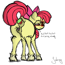 Size: 2048x2048 | Tagged: explicit, artist:johrnyreport, apple bloom, anal insertion, blank flank, bowtie, butt, buttplug, clitoris, crotchboobs, dark genitals, earth pony, edging, female, filly, foal, foalcon, g4, high res, imported from derpibooru, insertion, nipples, nudity, part of a set, plot, pony, presenting, presenting anus, presenting butt, presenting pussy, sex toy, simple background, solo, solo female, teats, text, vaginal secretions, vulva, vulvar winking, white background