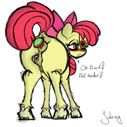 Size: 2048x2048 | Tagged: explicit, artist:johrnyreport, apple bloom, anal insertion, blank flank, bowtie, butt, buttplug, clitoris, crotchboobs, dark genitals, earth pony, female, filly, foal, foalcon, g4, high res, imported from derpibooru, insertion, nipples, nudity, part of a set, plot, pony, presenting, presenting anus, presenting butt, presenting pussy, sex toy, simple background, solo, solo female, teats, text, vaginal secretions, vulva, vulvar winking, white background