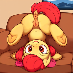 Size: 2400x2400 | Tagged: explicit, apple bloom, ai composition, ai content, anatomically correct, anus, belly button, butt, clitoris, couch, dock, earth pony, female, filly, foal, foalcon, frog (hoof), g4, high res, imported from derpibooru, looking at you, nudity, open mouth, painting, plot, ponut, pony, prompter needed, smiling, solo, solo female, tail, underhoof, upside down, vulva, vulvar winking