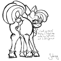 Size: 2048x2048 | Tagged: explicit, artist:johrnyreport, apple bloom, anal insertion, anatomically correct, anus, blank flank, bowtie, butt, buttplug, clitoris, crotchboobs, earth pony, female, foalcon, g4, high res, imported from derpibooru, insertion, monochrome, nipples, nudity, plot, ponut, pony, sex toy, simple background, solo, solo female, teats, text, vaginal secretions, vulva, vulvar winking, white background