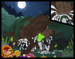 Size: 2000x1564 | Tagged: explicit, grimdark, artist:sherathoz, oc, oc:paradigm shift, abdominal bulge, alternate version, bestiality, close-up, clothes, commission, costume, creampie, cum, cum on body, egg, foalcon, forest, futa, futa oc, halloween, halloween costume, herm, holiday, imported from derpibooru, intersex, interspecies, knot, knotting, male, moth, mothpony, night, nudity, oc only, original species, ovipositor, penetration, penis, rape, sex, vaginal
