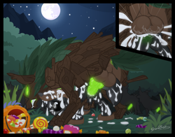 Size: 2000x1564 | Tagged: explicit, grimdark, artist:sherathoz, oc, oc:paradigm shift, abdominal bulge, alternate version, bestiality, close-up, clothes, commission, costume, creampie, cum, cum on body, foalcon, forest, futa, futa oc, halloween, halloween costume, herm, holiday, imported from derpibooru, intersex, interspecies, knot, knotting, male, moth, mothpony, night, nudity, oc only, original species, penetration, penis, rape, sex, timber wolf, timber wolf on pony action, vaginal