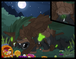 Size: 2000x1564 | Tagged: explicit, grimdark, artist:sherathoz, oc, oc:paradigm shift, abdominal bulge, bestiality, close-up, clothes, commission, costume, foalcon, forest, futa, futa oc, halloween, halloween costume, herm, holiday, imported from derpibooru, intersex, interspecies, knot, knotting, male, moth, mothpony, night, nudity, oc only, original species, penetration, penis, rape, sex, timber wolf, timber wolf on pony action, vaginal