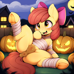 Size: 2304x2304 | Tagged: explicit, apple bloom, accidental exposure, ai composition, ai content, anatomically correct, anus, bat, blushing, butt, clitoris, clothes, cloud, costume, dock, earth pony, female, fence, filly, foal, foalcon, frog (hoof), full moon, g4, grass, halloween, halloween costume, high res, holiday, house, imported from derpibooru, jack-o-lantern, moon, mummy costume, night, nightmare night, nudity, open mouth, plot, pony, pumpkin, sitting, solo, solo female, spread legs, spreading, tail, underhoof, vulva