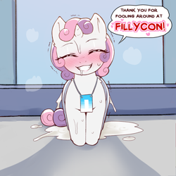 Size: 1500x1500 | Tagged: explicit, artist:cold-blooded-twilight, sweetie belle, art pack:fillycon, aftersex, art pack, blushing, cum, cum pool, dialogue, drool, excessive cum, eyes closed, female, filly, foal, foalcon, g4, grin, heart, imported from derpibooru, leaking cum, pony, shivering, smiling, solo, solo female, speech bubble, unicorn