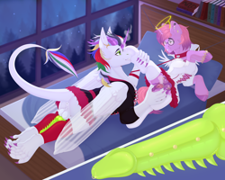 Size: 5315x4252 | Tagged: explicit, artist:creed larsen, oc, oc:izma acid, oc:soules phantom, alternate version, anus, bed, bedroom, book, bookshelf, clothes, collar, commission, costume, crotchboobs, female, fetish, filly, foal, foalcon, forest, futa, futa oc, genital piercing, halloween, halloween costume, holiday, hybrid, hybrid oc, imported from derpibooru, intersex, leash, nipple piercing, nipples, nudity, penis, pet play, piercing, pony, teat piercing, unicorn, vagina, vaginal piercing, vaginal secretions, vulva, window