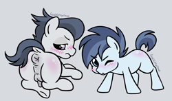 Size: 2576x1511 | Tagged: explicit, artist:feralkittyclawz, alternate version, anus, balls, bedroom eyes, blush lines, blushing, butt, butt blush, colt, duo, duo male, earth pony, foal, foalcon, g4, gray background, imported from derpibooru, looking at you, looking back, looking back at you, male, nudity, one eye closed, pegasus, penis, plot, ponut, pony, rear view, rumble, shady daze, signature, simple background, tail, taint