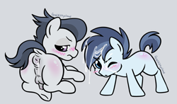 Size: 2576x1511 | Tagged: explicit, artist:feralkittyclawz, aftersex, alternate version, anal creampie, anus, balls, bedroom eyes, blush lines, blushing, butt, butt blush, colt, creampie, cum, cum on hair, cum version, duo, duo male, earth pony, facial, foal, foalcon, g4, gray background, imported from derpibooru, looking at you, looking back, looking back at you, male, nudity, one eye closed, pegasus, penis, plot, ponut, pony, precum, rear view, rumble, shady daze, signature, simple background, tail, taint
