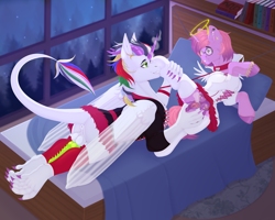 Size: 5315x4252 | Tagged: explicit, artist:creed larsen, oc, oc:izma acid, oc:soules phantom, anus, bed, bedroom, book, bookshelf, breasts, clothes, commission, costume, female, fetish, filly, foal, foalcon, forest, futa, futa oc, halloween, halloween costume, holiday, hybrid, hybrid oc, imported from derpibooru, intersex, nudity, penis, piercing, pony, teat piercing, unicorn, vagina, vaginal secretions, vulva, window