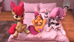Size: 3840x2160 | Tagged: explicit, artist:sporealtair, apple bloom, scootaloo, sweetie belle, 3d, ballgag, bed, butt, crotchboobs, cutie mark crusaders, dildo, foalcon, g4, gag, high res, imported from derpibooru, milking machine, nipples, nudity, plot, pregbloom, pregnant, pregnant foal, sex toy, source filmmaker