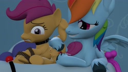 Size: 3840x2160 | Tagged: explicit, semi-grimdark, artist:sporealtair, rainbow dash, scootaloo, 3d, abuse, age difference, anal insertion, anus, ballgag, bed, bedroom, bondage, bound legs, butt, collar, crotchboobs, dildo, dubious consent, female, filly, foal, foalcon, g4, gag, grin, gritted teeth, high res, imported from derpibooru, insertion, lesbian, mare, mare on filly, molestation, nipples, nudity, pegasus, personal space invasion, plot, pony, rainbow dash is a foal fiddler, rope, rope bondage, scared, scootabuse, sex toy, ship:scootadash, shipping, smiling, source filmmaker, teats, teeth, vagina, vulva, wings, younger