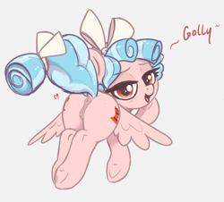 Size: 2650x2400 | Tagged: explicit, artist:t72b, anatomically correct, anus, both cutie marks, bow, butt, cozy glow, cozy glutes, dialogue, dock, eyebrows, eyebrows visible through hair, female, filly, flying, foal, foalcon, g4, golly, hair bow, high res, hoof on cheek, imported from derpibooru, looking at you, looking back, looking back at you, nudity, open mouth, pegasus, plot, pony, raised tail, rear view, simple background, solo, solo female, spread wings, tail, vulva, white background, wings