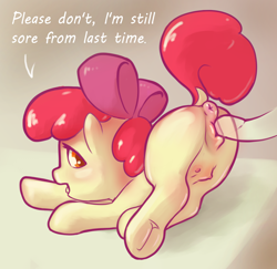 Size: 2437x2367 | Tagged: explicit, artist:starvingunicorn, apple bloom, anus, ass up, bow, crotchboobs, dock, earth pony, face down ass up, female, filly, foal, foalcon, g4, hair bow, high res, imminent penetration, imminent sex, imported from derpibooru, nipples, nudity, ponut, pony, solo, solo female, tail, vulva, younger