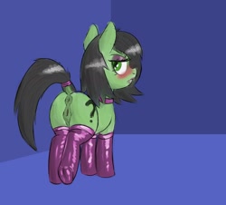 Size: 2134x1926 | Tagged: explicit, artist:admirala55hole, oc, oc:filly anon, anatomically correct, anus, blushing, butt, clothes, collar, dock, earth pony, eyeshadow, female, filly, foal, foalcon, imported from derpibooru, latex, latex socks, lipstick, looking back, makeup, nudity, plot, ponut, pony, prostitution, raised tail, socks, tail, tail wrap, vulva